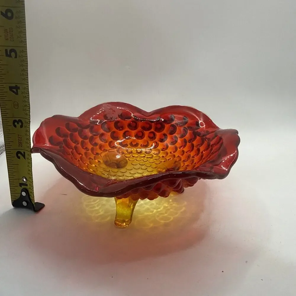 Vintage Fenton Art Glass AMBERINA Hobnail Footed Dish Bowl 6.5” in Red Orange *